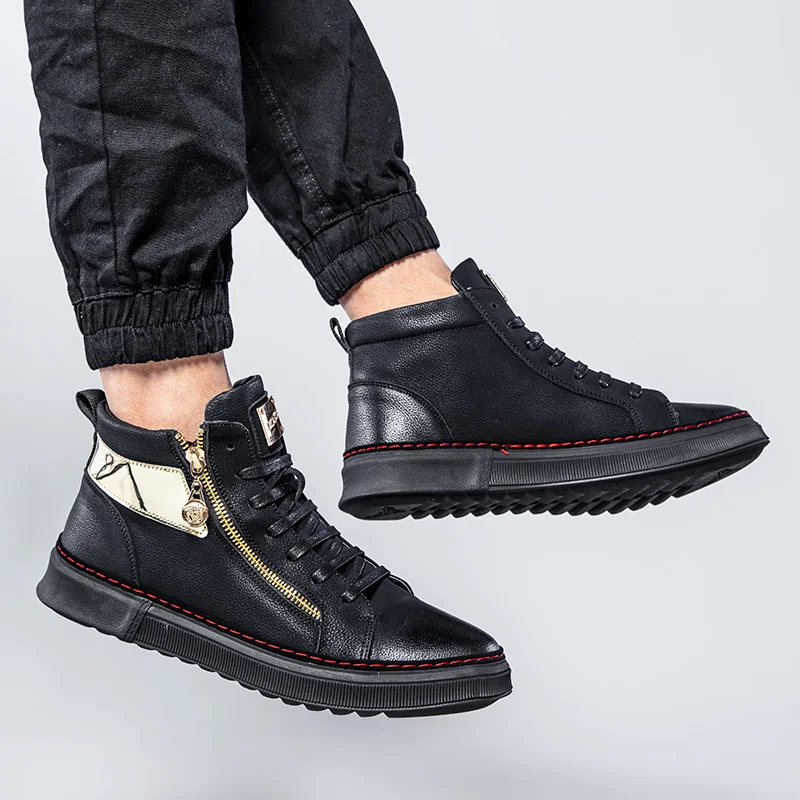 

GLAZOV Brand Men Brand Designer Shoes Microfiber Leather Men High Top Shoes Fashion Zip Breathable Hip Hop Sneakers Men Black