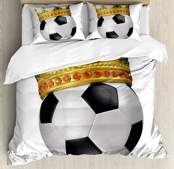 

King Duvet Cover Set Football Soccer Sports Championship Inspired Ball Crown with Ornaments Image Print Bedding Set Multicolor
