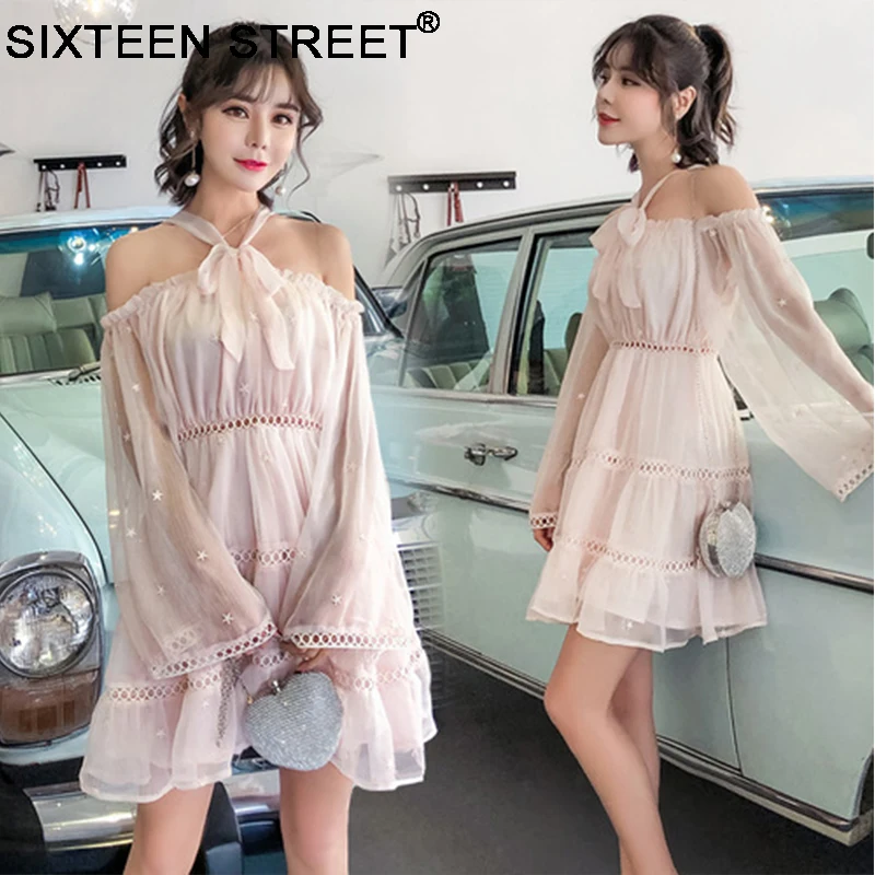 

NEW summer slash neck pink woman's dress flare sleeve hollow out halter sexy sweet vacation wear dresses female spring 2019