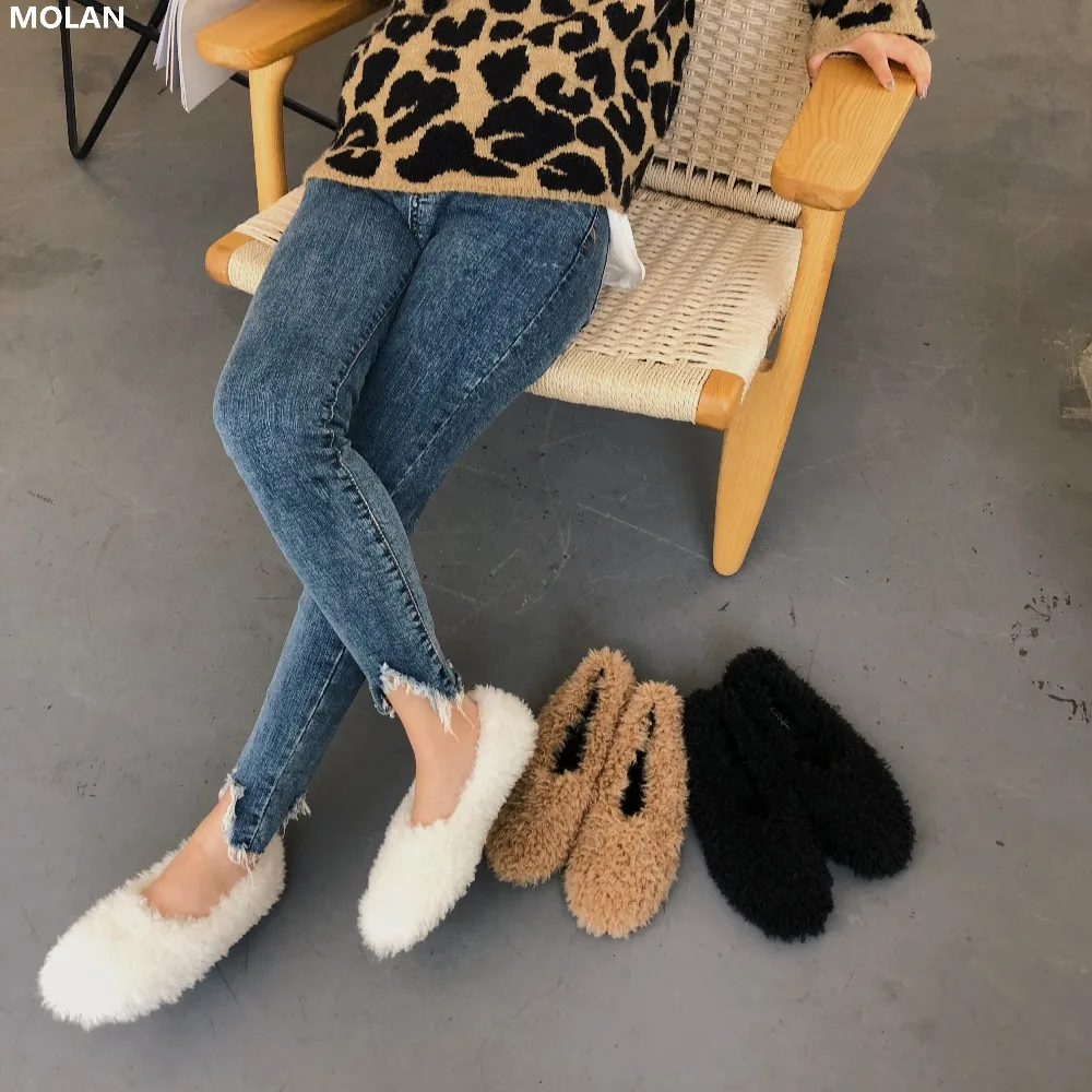 

MOLAN Brand Designers 2018 New Fashion Round Toe Soft Kid Suede Woman Flats Shoes Slip On Loafers For Winter Black White Khaki