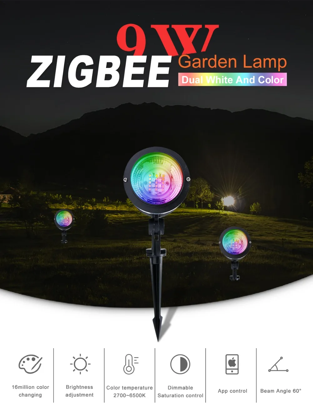 ZIGBEE светодиодный светильник для сада, 9 Вт, RGB+ CCT, приложение контроля цветовой температуры, регулируемый цвет, для сада, открытый свет работает с amazon echo