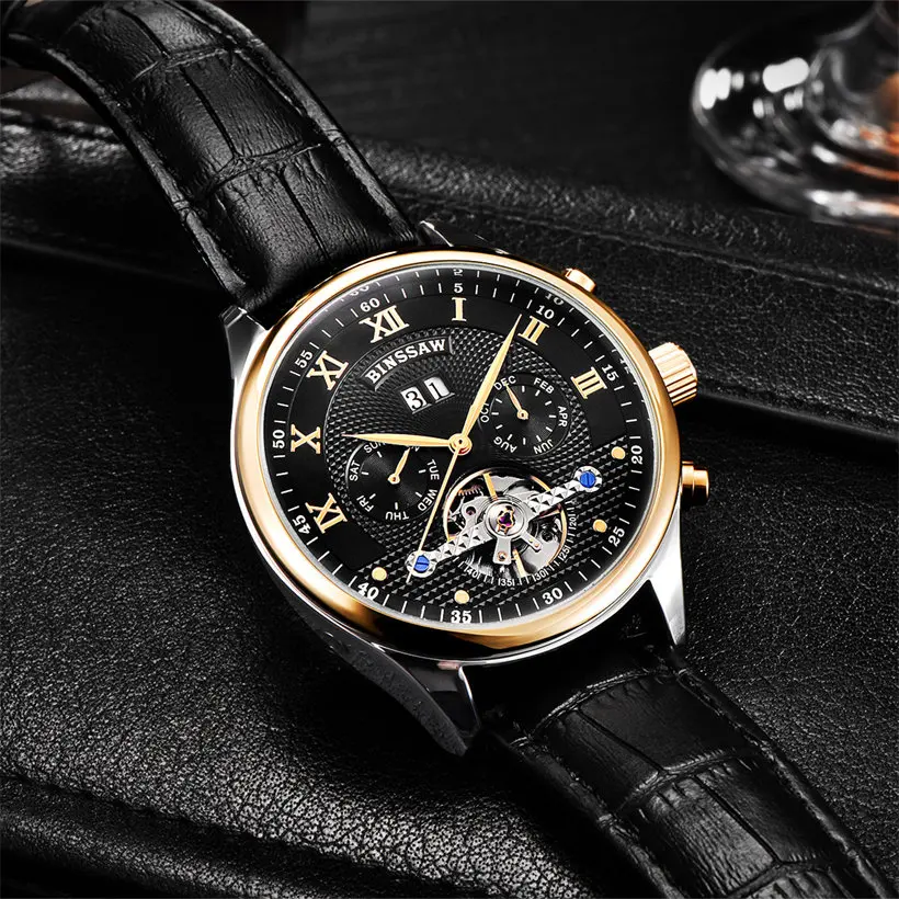 Binssaw فاخر الميكانيكية ووتش توربيون الرجال التلقائي ساعات المعصم أعلى تماما رجل الأعمال الجلدية ساعة relogio masculino