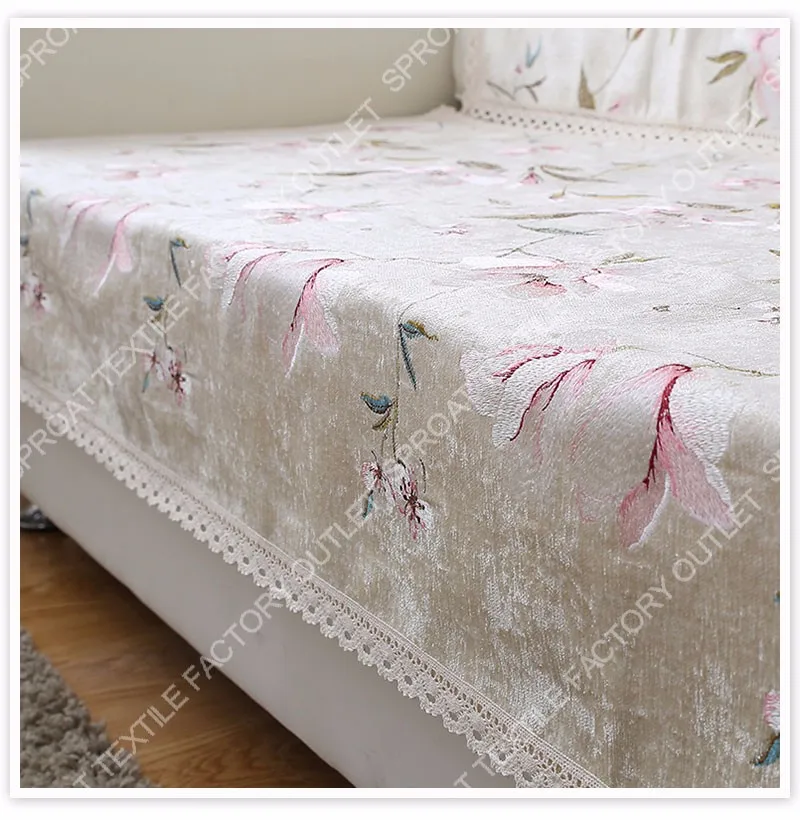 Пасторальный стиль высокого качества бежевый белый цветочный Вышивка синель чехлы для диванов Кружевной декор чехлов канапе SP3465