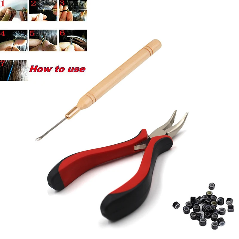 Набор инструментов для наращивания волос плоскогубцы+ тянущий крюк+ 100 шт. Кольца для волос