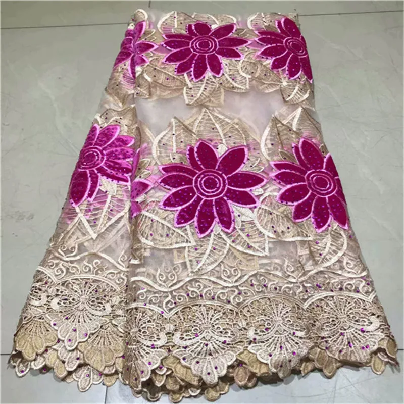 

2019 most beautiful Mei red nigeria velvet lace Fabric Satin For Dress African french mesh velvet fabric with Water Soluble