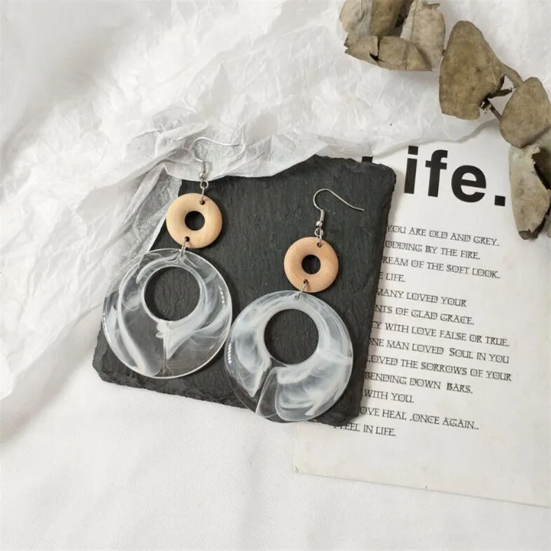 

Simple Style Transparent Big Round Drop Earrings For Women Trendy Circle Wooden Beads Pendants Charm Long Earring Hot Sale