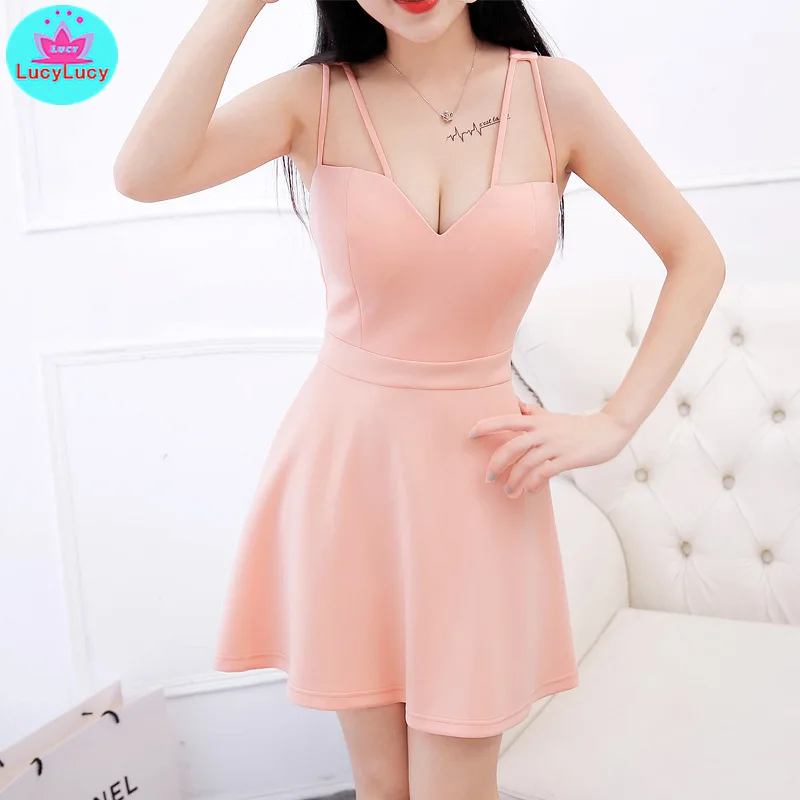 2019 summer new sexy deep v slim sling a word sleeveless low chest body backless dress Knee-Length  Zippers  Spaghetti Strap