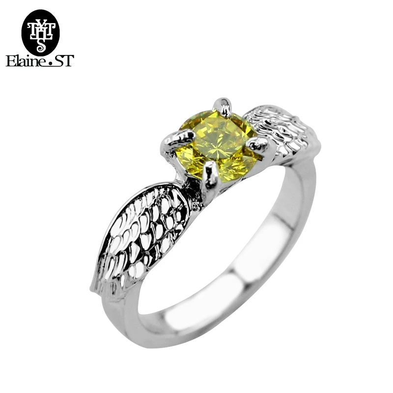 

Personality Design Quidditch Golden Snitch Ring Silver Color with Orange Crystal for Female Wedding Angel Wing Bijouterie
