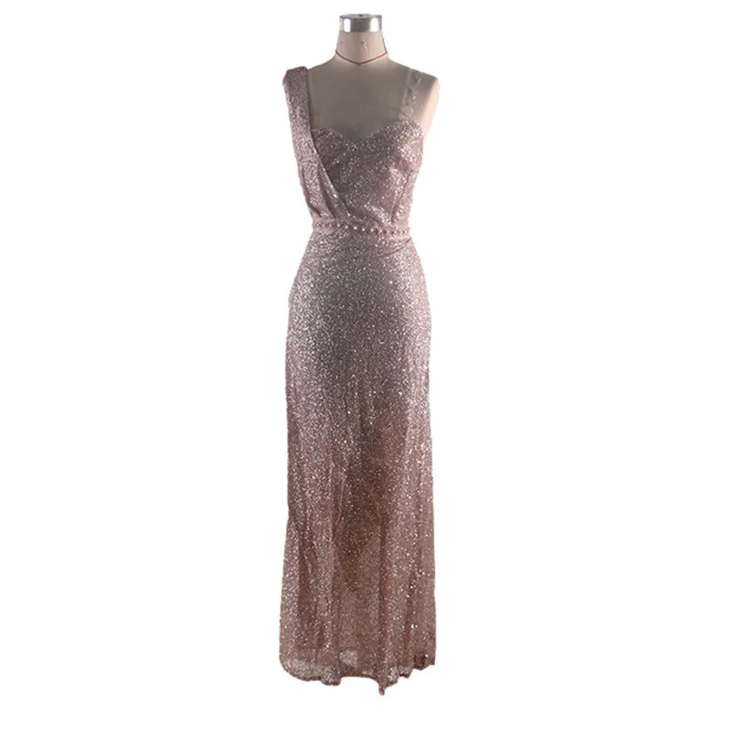 Party Ball Gown Sexy Gold Evening Bridesmaid Women Sequin Prom V Neck Long Dress One Shoulder Floor-Length pin up dress F25 (4)