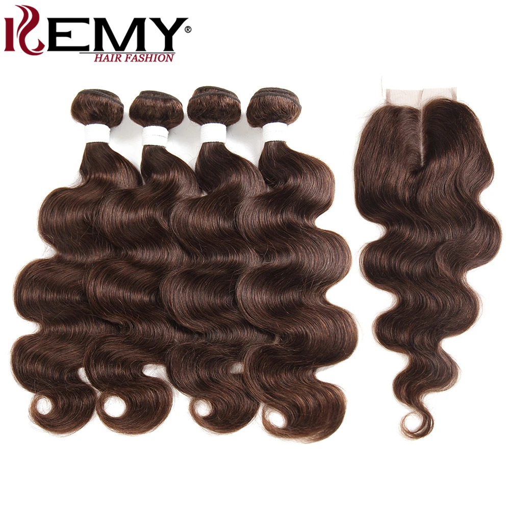 KEMY HAIR Pre-Colored Brazilian Body Wave Human Hair Bundles With Closure 4*4 Medium Brown 4# Non-Remy Human Hair Weaves 4 PCS KEMY HAIR Pre-Colored Brazilian Body Wave Human Hair Bundles With Closure 4*4 Medium Brown 4# Non-Remy Human Hair Weaves 4 PCS