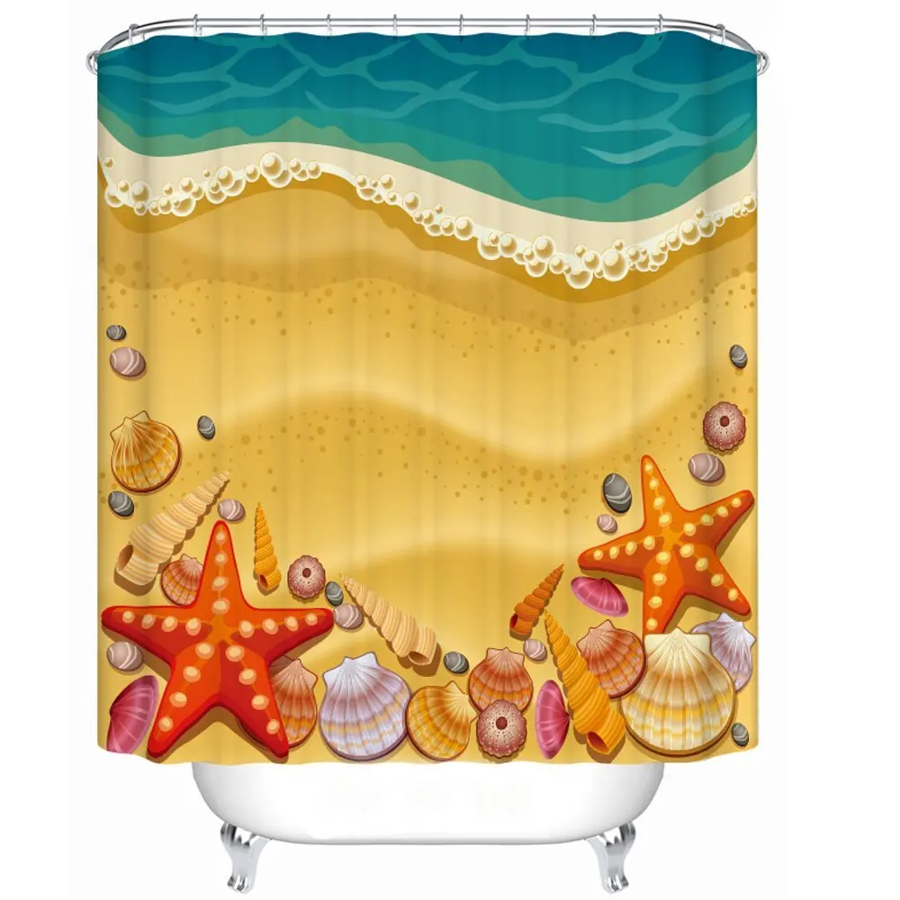 NanNingShiFabric Shower Curtains Beach Shells Polyester Fabric Hooks