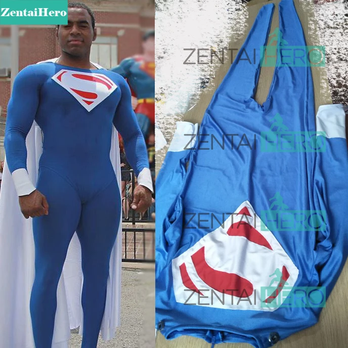 

Free Shipping Strong Blue And White Superman Cosplay Costume Lycra Male Halloween Superman Costume Carnival With Cape