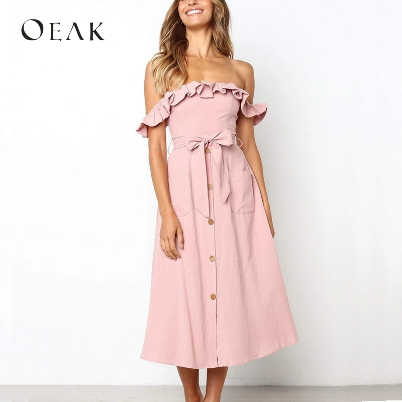 

OEAK Summer Women Slash Neck Dress Pockets Button Solid Ruffles Dresses Lady Sashes Midi Vestido Sexy Backless A Line robe femme