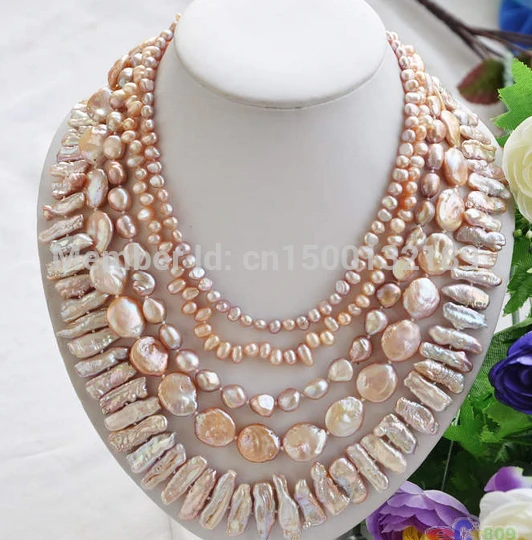

xd j00507 5row LAVENDER BAROQUE RICE BIWA COIN FRESHWATER pearl necklace AAA