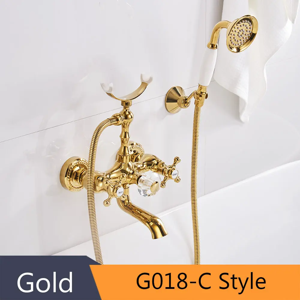 Смесители для ванны, роскошный золотой латунный Смеситель для ванной комнаты, настенный ручной душевой комплект, душевой кран, наборы HS-G018 - Цвет: Gold G018-C