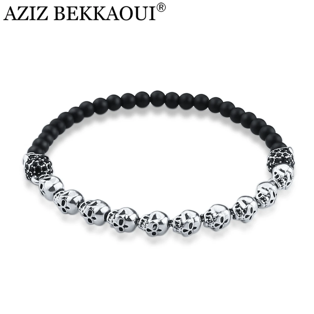 

Dropship Men Bracelet Silver Color Skull Charm with Black Onyx Natural Beaded Bracelet & Bangle Steampunk Rock Men Jewelry