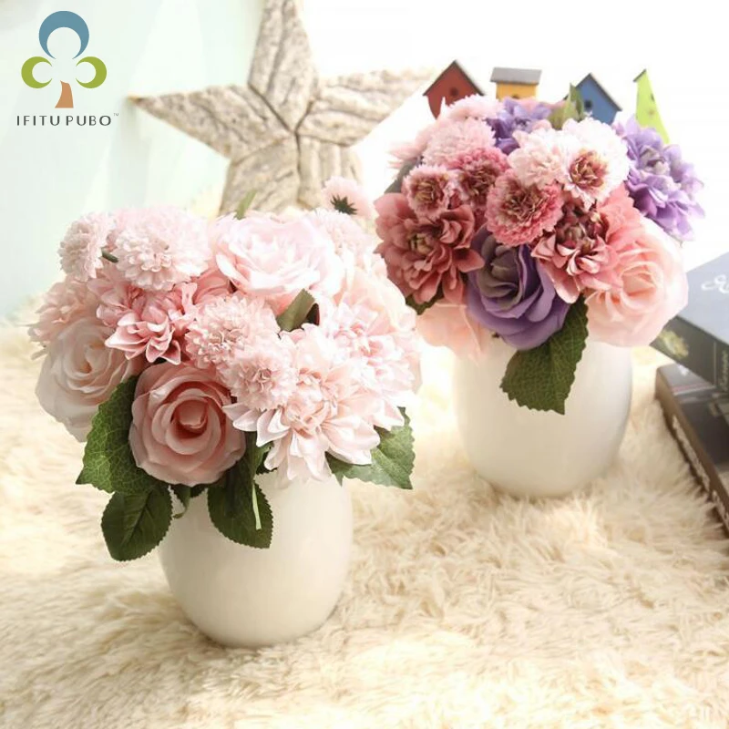 

Artificial Flowers Rose Dahlia Chrysanthemum Bouquet Bridal Bouquet Fake Rose Flowers for Wedding Party Home Decoration GYH