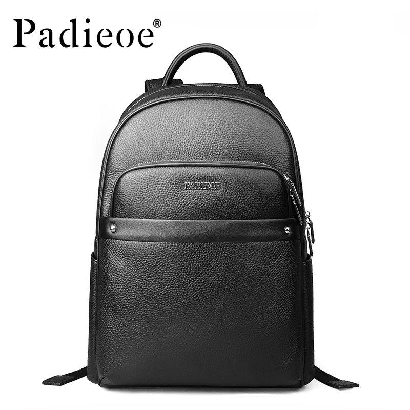 

2017 PADIEOE Men's leisure Genuine Leather Backpack street man bag fashion black school backpacks Double Zipper Travel Rucksack