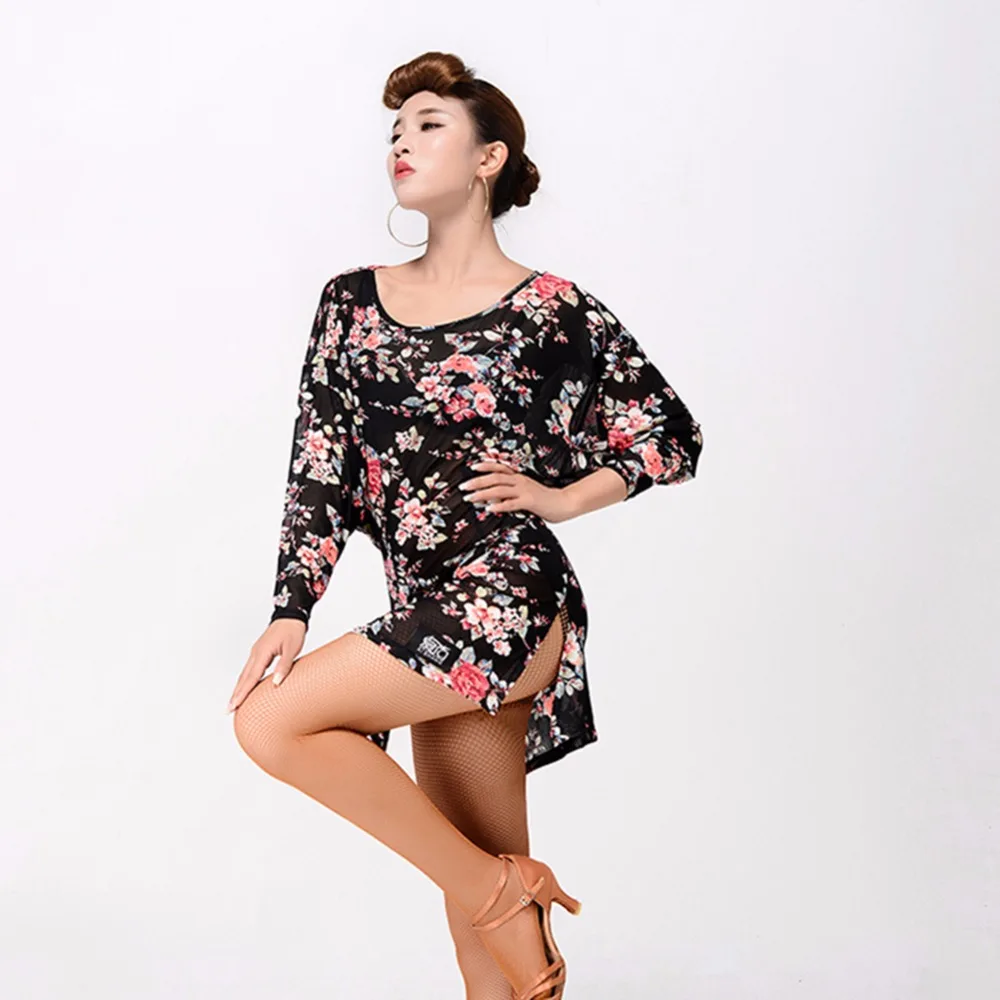 Sexy Latin Dance Dress For Lady Leopard Flower Print Long Sleeve Skirt