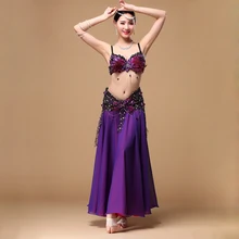 2018 Performance Oriental Dance Belly Dance Costumes Set 3pcs Feather Bra Belt Skirt Chiffon Bellydance Costume
