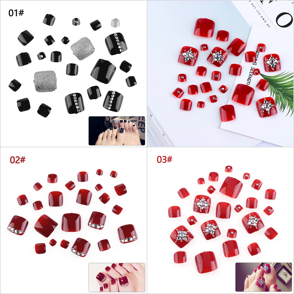 

Chic Foot False Nail Tips Shining Rhinestone 24 Pcs Fake Toes Nails With Glue Toe Art Tool For Foot Beauty Manicure For Women