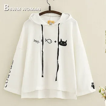 

Bf Harajuku Cat and Fish Women Sweatshirt Spring White and Black Female Hoodies