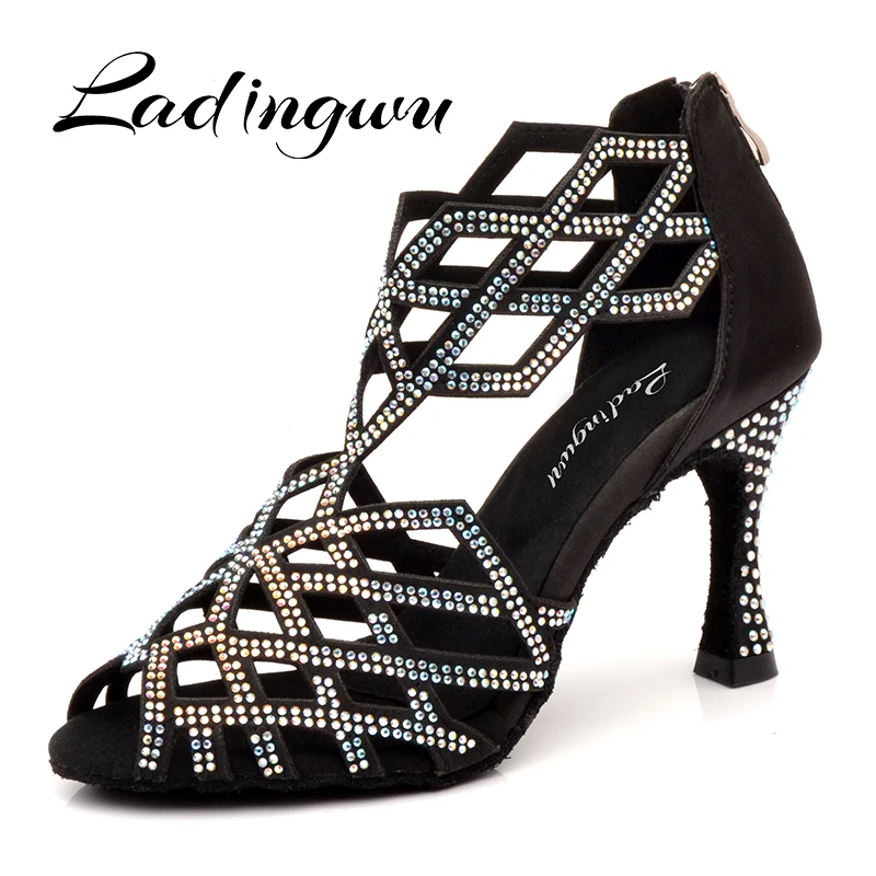 Ladingwu/женская танцевальная обувь; римские сапоги со стразами; туфли для латинских танцев; женские черные сатиновый бальный танцевальные
