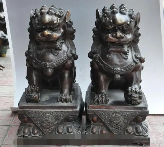 

S01613 22"Folk Chinese Fengshui Bronze Guardian Foo Fu Dog Phylactery Lion Statue Pair (B0413)