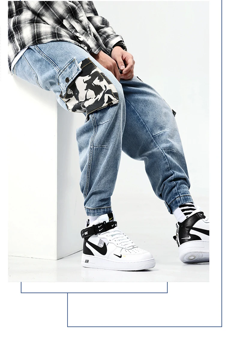 Японский Стиль модные мужские джинсы Синий Патч карман штаны-карго из денима брюки уличная свободный крой Slack нижняя хип-хоп бегунов джинсы