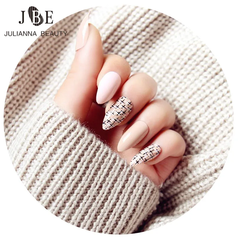 

24Pcs False Nails With Glue Long French Nail Art Tips Acrylic Full Almond Stiletto Nail Tips Bare Pink Fashion Nail Accessories