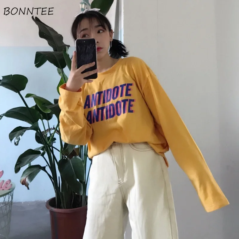 

T-shirts Women Long Sleeve Letter Elegant Loose Korean Style All-match Clothing O-Neck Womens Leisure Ladies Hip Hop Harajuku
