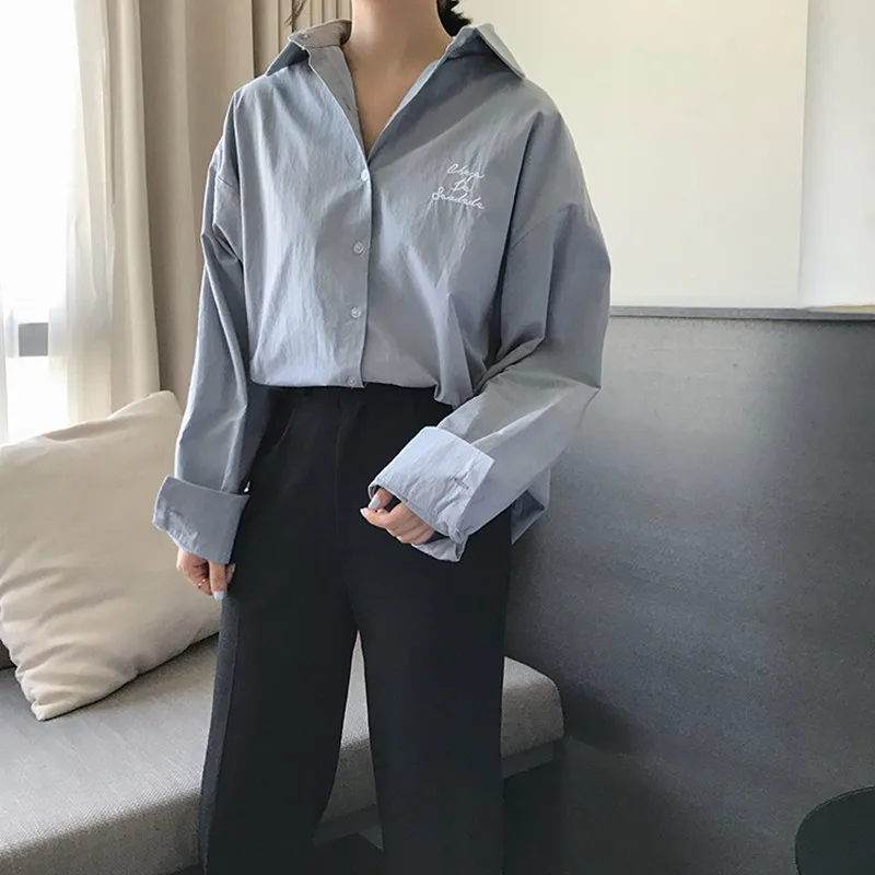 

2 colors 2018 autumn sweet style letter embroidery oversized shirt women long sleeve blouses womens tops (F3548)