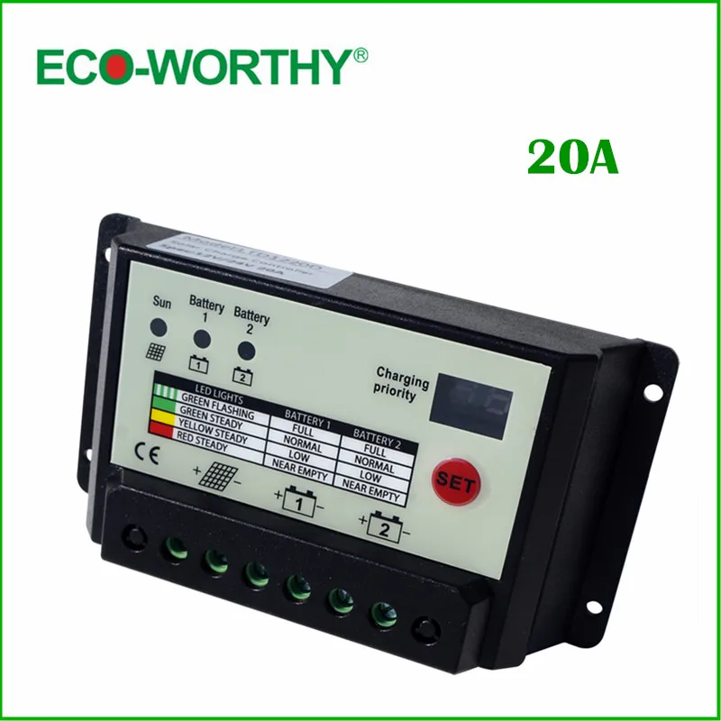 

ECO-WORTHY 20A 12/24V Dual-cell Solar Charge Controller,High charging efficiency, tandem PWM charge mode