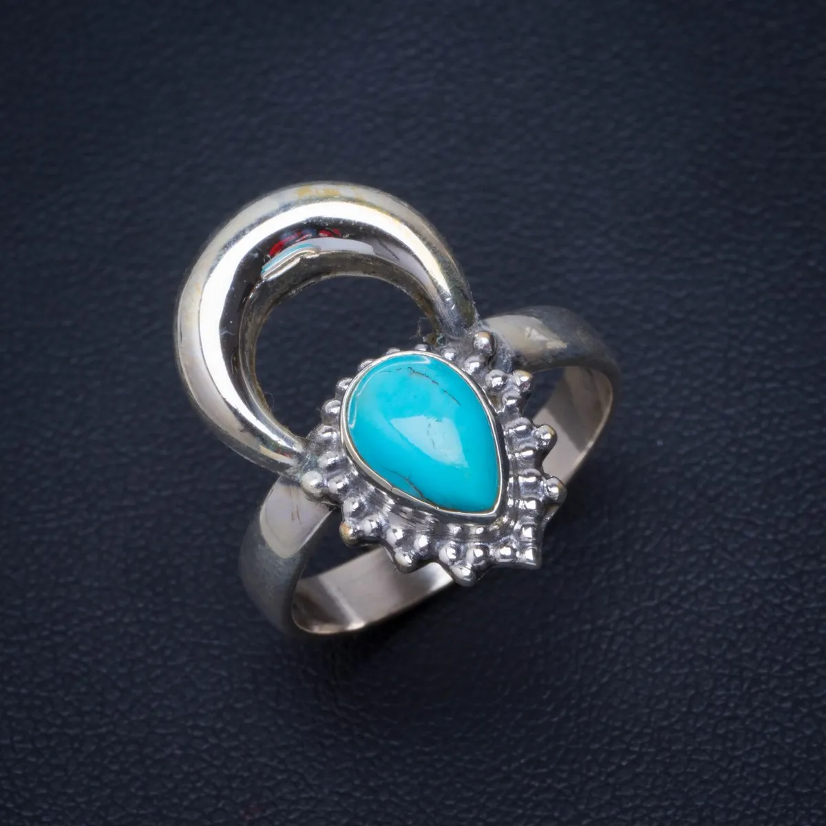 

Natural Turquoise Handmade Unique New Moon 925 Sterling Silver Ring 8.25 B1143
