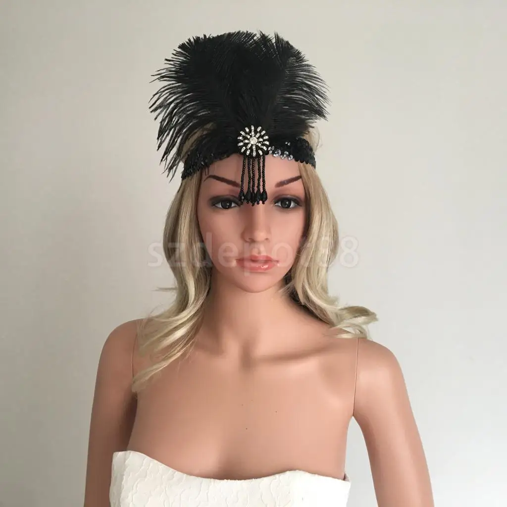 

Vintage Woman Elastic Flapper Feather Headband 20s Gatsby Charleston Rhinestone Headwear Fascinator Hair Accessories