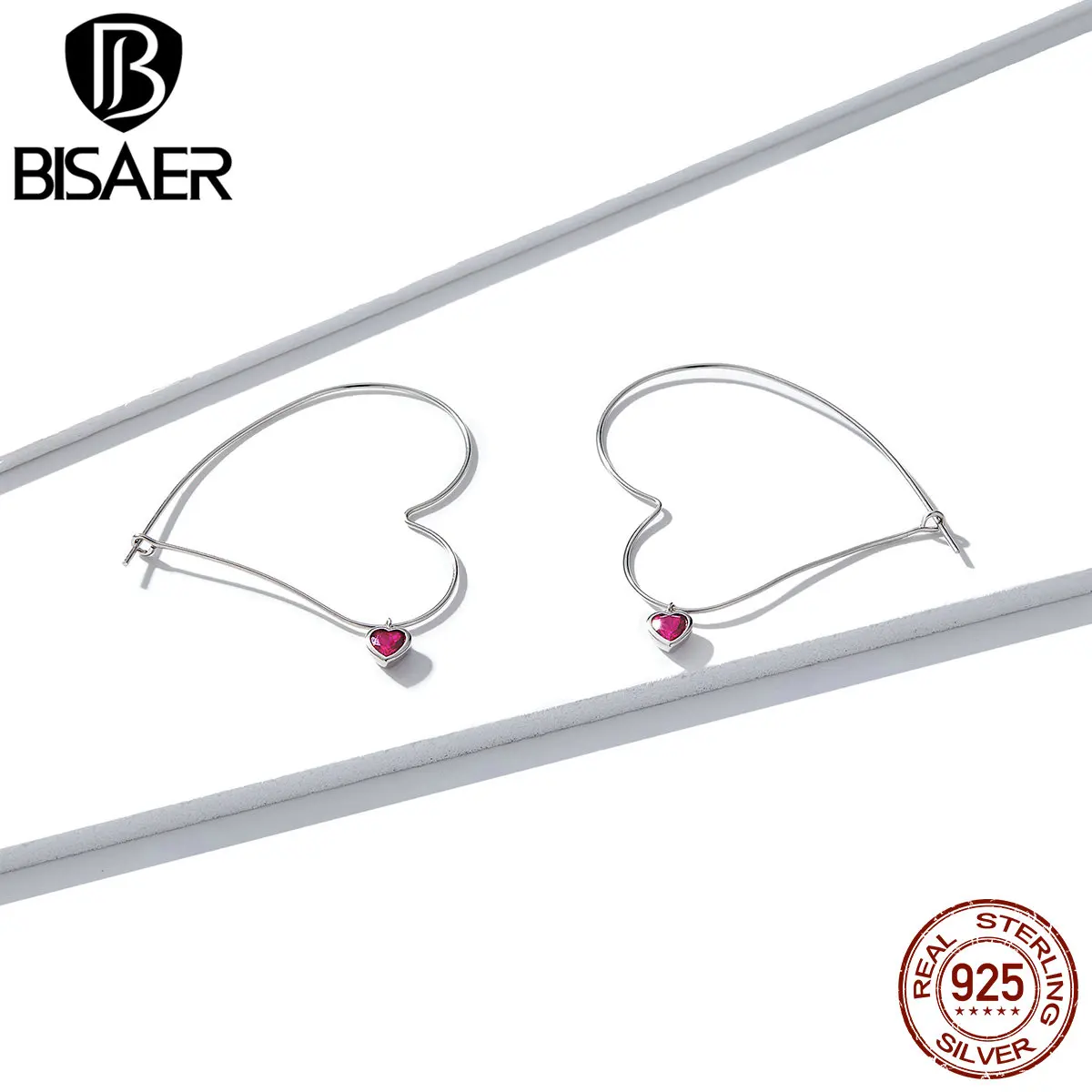 BISAER, серьги для любви, 925 пробы, серебро, романтичное сердце, розовый циркон, изысканные серьги-гвоздики для женщин, свадебные ювелирные изделия