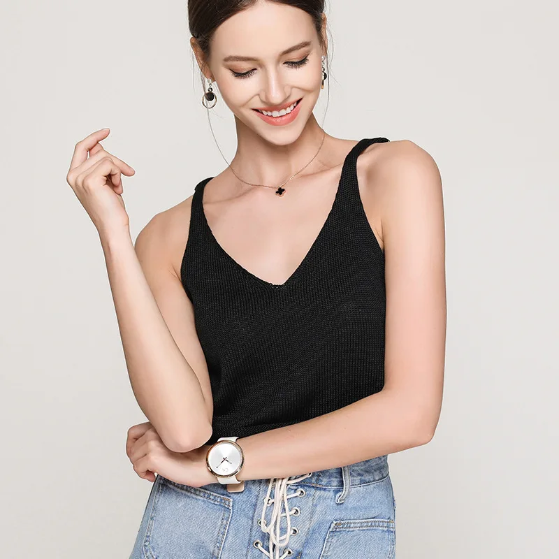 

2018 Summer New Solid Lady Knitted Suspenders Sleeveless Vest Women Slim V-neck Tops Base Tee