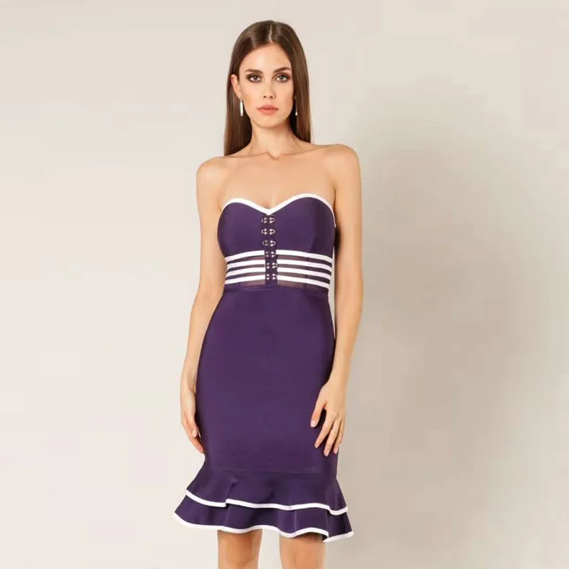 Fashion Purple Green Bandage Dress Women Strapless Bodycn Elegant