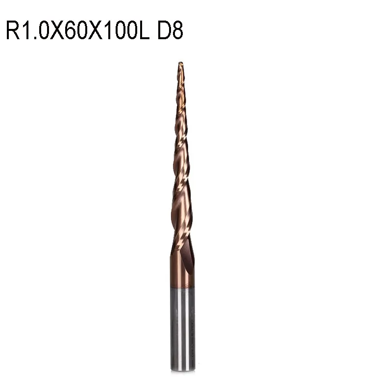 1 шт. R1.0 * D8 60 100L 2F HRC55 вольфрамовые твердосплавные конические конусные фрезы с