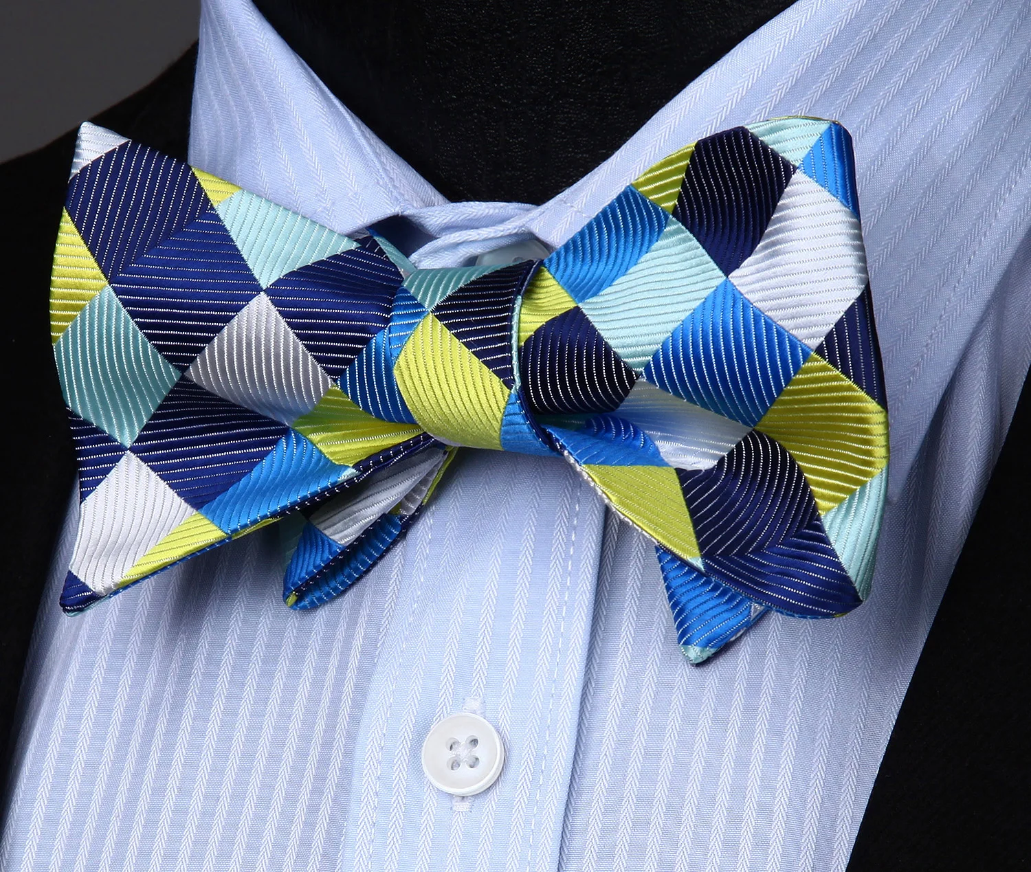  Men Woven Party Wedding Yellow Blue Check Plaid Self Bow Tie Pocket Square Bowtie handkerchief set 