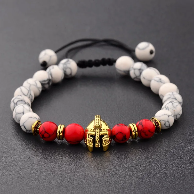 Мужские браслеты Золотой Спартанский браслет со шлемом 8 мм белый красный натуральный камень Лава бусины браслет регулируемые ювелирные изделия pulseiras