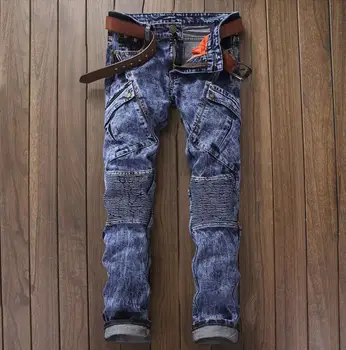 

European American Style Men Classic Moto Biker Jeans Men's Straight Fit Hip Hop Locomotive Snow Wash Multi Pocket Jeans #553