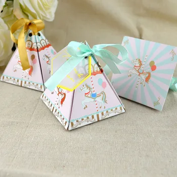 

10pcs Laser Cut Carousel Favor Box and Bags Sweet Gift Candy Boxes Baby Shower & Ribbon Wedding Birthday Party Favor Decorations