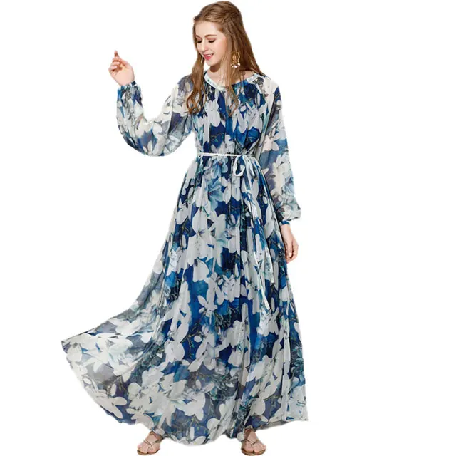 Богемное пляжное платье с длинными рукавами размера плюс, летнее повседневное свободное платье, легкий сексуальный Шифоновый Сарафан - Цвет: Blue White Floral