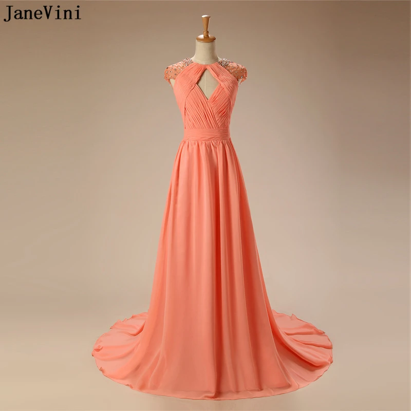 JaneVini 2019 Elegant Beaded Long Chiffon Bridesmaid Dresses A Line Pleats Sexy Backless Plus Size Formal Prom Gowns Court Train | Свадьбы и