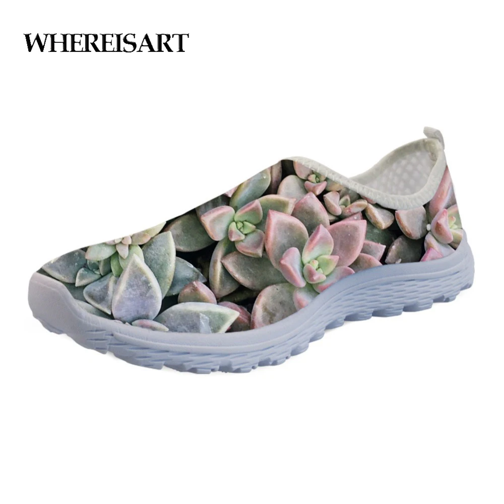 

WHEREISART Flats Shoes Women Leisure 3D Succulent Plants Pattern Summer Comfortable Air Mesh Slip-on Sneakers Shoes For Ladies