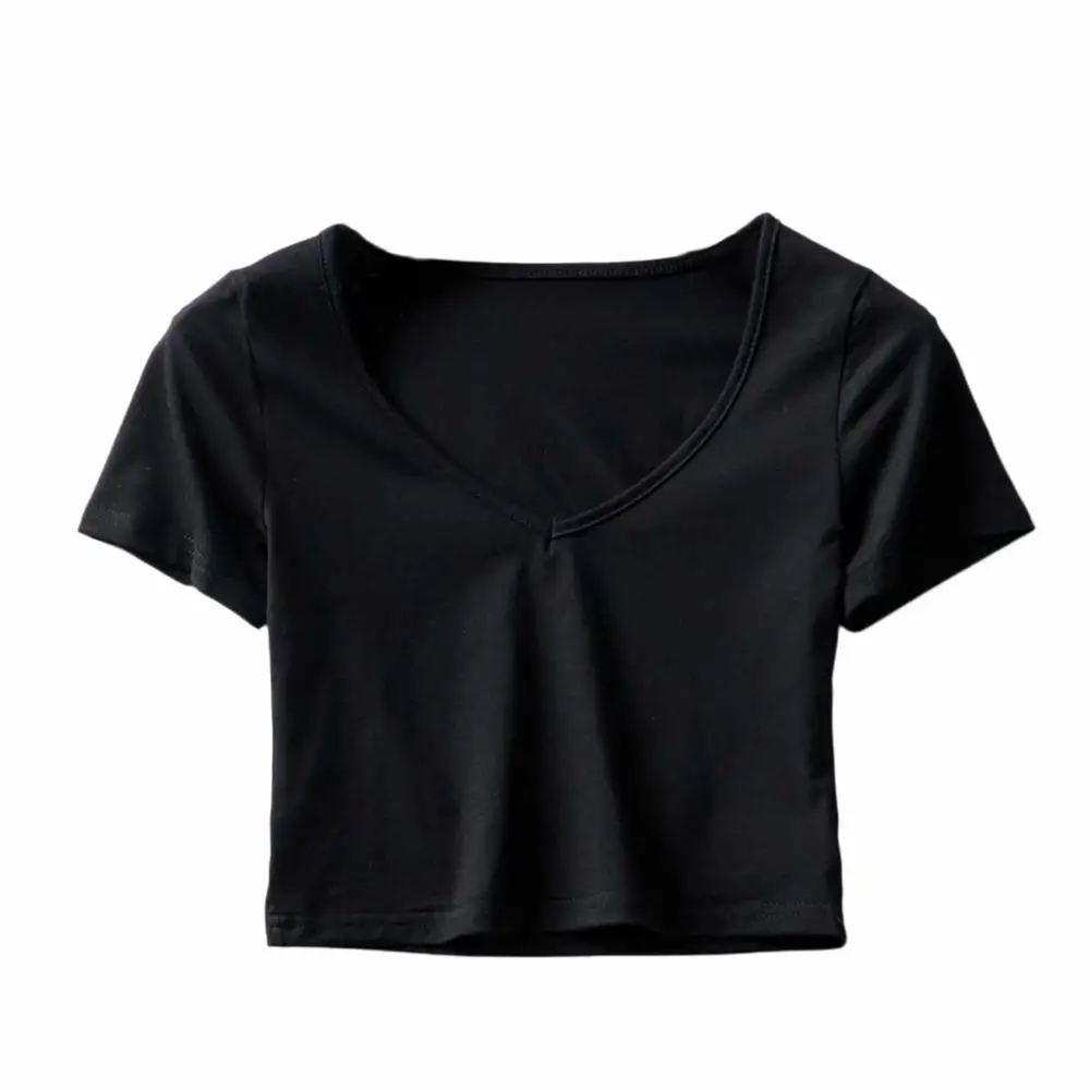 BRADELY MICHELLE crop tops для сексуальных женщин Лето Женский Чистый хлопок v-образный вырез короткий рукав однотонная эластичная блузка - Цвет: Black
