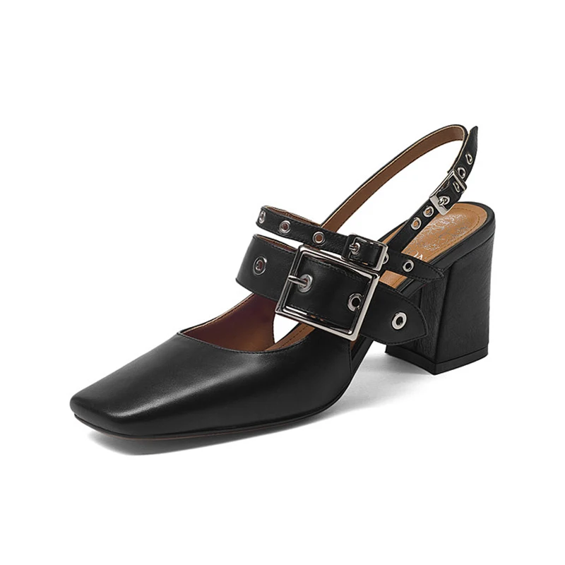 BONJOMARISA/брендовая дизайнерская обувь из натуральной кожи с пряжкой на ремешке; обувь на высоком квадратном каблуке; женские повседневные модные летние босоножки - Цвет: Черный