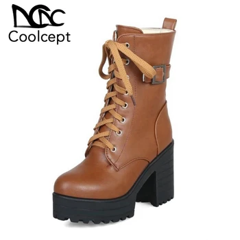 

Coolcept Women Motorcycle High Heels Boots Lace Up Platform Buckle Shoes Women Winter Warm Fur Shoes Punk Footwear Size 34-43