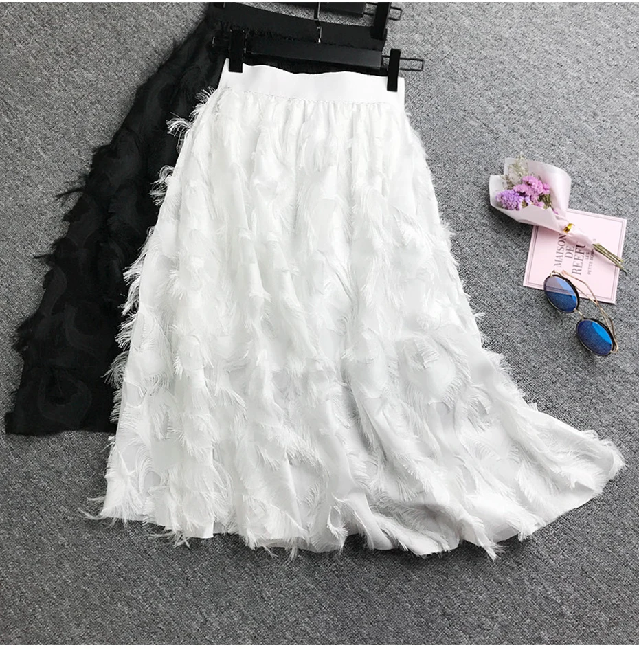 TIGENA модная шифоновая юбка с перьями для женщин летняя Корейская миди-юбка с высокой талией Женская Красивая до колена Милая юбка